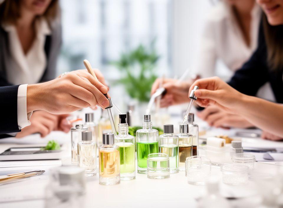 Firmenteam entwickelt gemeinsam einen exklusiven Duft an einem hellen Workshop-Tisch in Zollikon