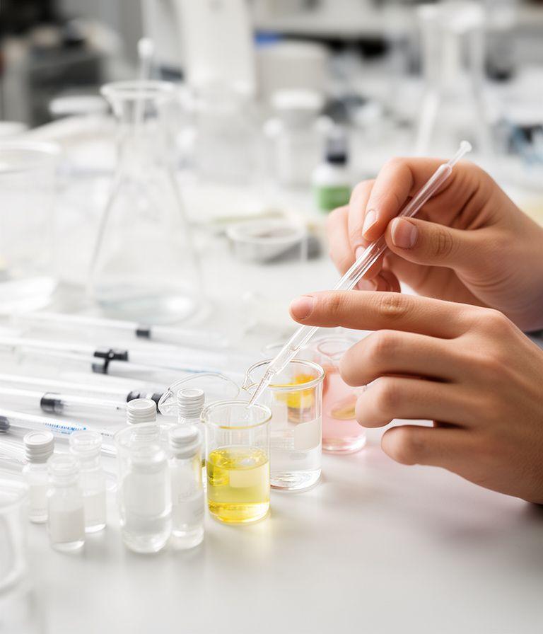 Parfümeur prüft eine Duftkomposition an einem hellen Arbeitstisch mit Pipetten und Glasbechern